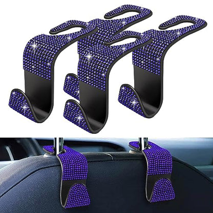 4 Pack Blink Diamond Car Seat Headrest Hooks Crystal Rhinestone Car Purse Holder Universal Car Interior Accessories for Handbags Water Bottles Purse Coats Umbrellas, Blue - color: Blue