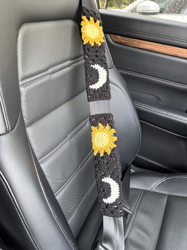 Handmade Crochet Sun Moon Car Steering Wheel Covers Universal 14-15 inch,Cute Steering Wheel Cover,Car Accessories (Black Wheel Cover+2 Belt Cover) - color: Black Wheel Cover+2 Belt Cover