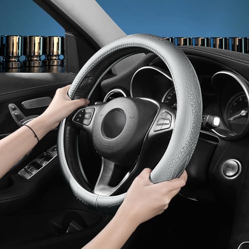 Gray Cowhide Steering Wheel Covers Genuine Leather Car Steering Wheel Cover Universal 15inch / Size M Wheel Cover for Car SUV Truck (C-Gray-M) - color: C-Gray-M, size: M-15inch