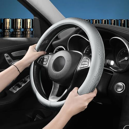 Gray Cowhide Steering Wheel Covers Genuine Leather Car Steering Wheel Cover Universal 15inch / Size M Wheel Cover for Car SUV Truck (C-Gray-M) - color: C-Gray-M, size: M-15inch