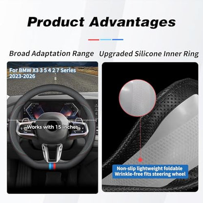 D-Shaped Car Steering Wheel Cover for BMW X3 3 5 4 2 7 Series 2023 2024 2025 2026 Accessories, Nappa Leather Non-Slip & Breathable, 14.5-15 Inches