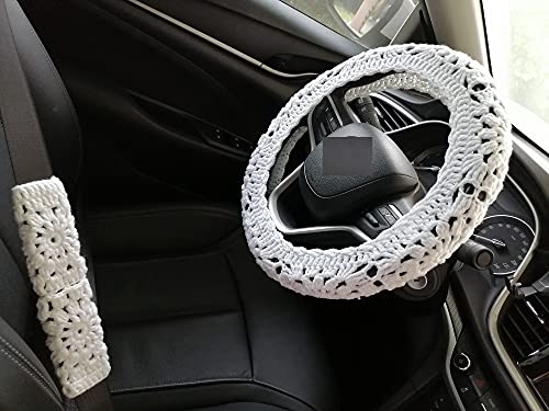 YDM Flower Steering Wheel Cover, Universal Fit, 15 Inch, Crochet, Sunflower Pattern, Customizable Color, Car Accessory - color: C A+ 2 belt cover