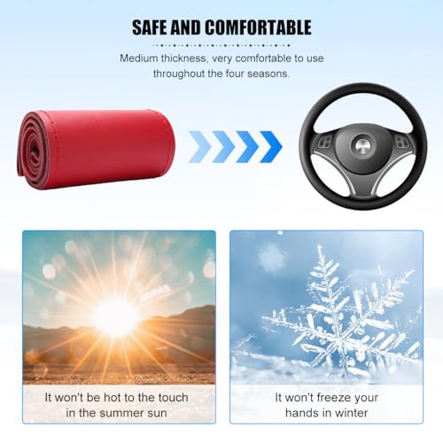 Genuine Leather Car Steering Wheel Cover, DIY Sewing Stitch on Wrap Auto Wheel Cover with Needle Thread, Breathable Anti-Slip Vehicle Steering Stitching Protector, Universal Fit (Red/Glossy) - color: Red/Glossy
