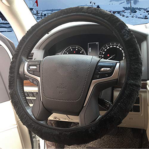 ZHOL Steering Wheel Cover Universal 15 Inch Elastic Plush Soft Steering Wheel Cover for Women Men, Winter Warm, Anti-Slip, Odorless, Black - color: Solid-color Black