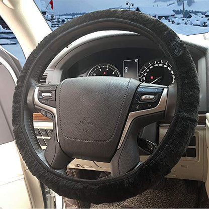 ZHOL Steering Wheel Cover Universal 15 Inch Elastic Plush Soft Steering Wheel Cover for Women Men, Winter Warm, Anti-Slip, Odorless, Black - color: Solid-color Black