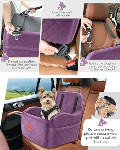 Lealchum Dog Booster Car Seat for Small/Medium Dogs,Puppy Portable Car Bed with Elevated Cushion,Fully Detachable and Washable,2 Storage Pockets,Easy to Install (Purple, Medium) - color: Purple