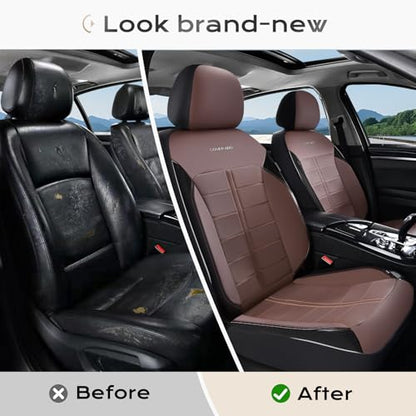 Coverado Front Seat Leather Covers, Full Leather Construction with Carbon Fibre Weave, Universal Fit for Most Cars SUV Trucks (Coffee) - color: Coffee, size: Front
