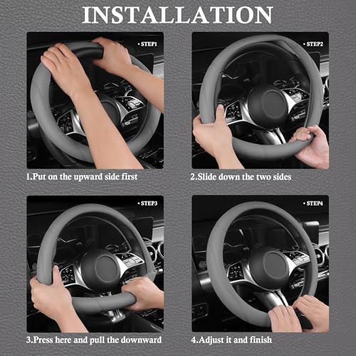 CAR PASS Microfiber Leather Steering Wheel Cover and Waterproof Car Floor Mats,Universal Car Combo Fit for 95% Sedan,SUV,Cars,14.5-15inch Anti-Slip Safety Comfortable Faux Leather Design(Solid Gray) - color: All Gray