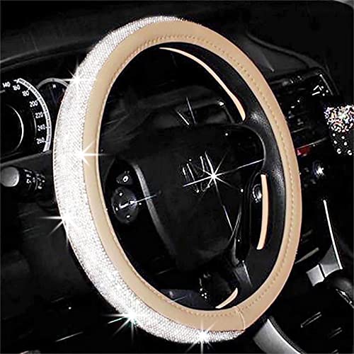 Bling Diamond Beige Leather Steering Wheel Cover Sparkly Crystal Glitter Rhinestones Car Wheel Protector for Women Girl fit Suvs,Vans,Sedans,Car,Trucks, 14.5-15in - color: Beige