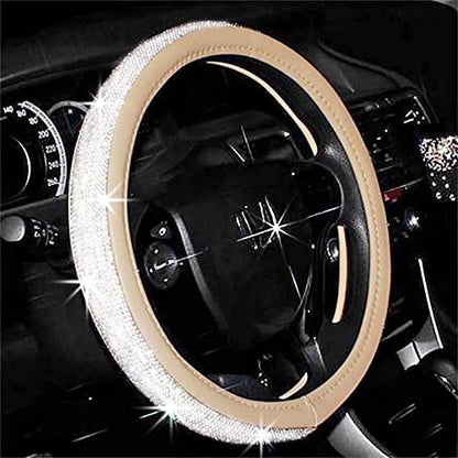 Bling Diamond Beige Leather Steering Wheel Cover Sparkly Crystal Glitter Rhinestones Car Wheel Protector for Women Girl fit Suvs,Vans,Sedans,Car,Trucks, 14.5-15in - color: Beige