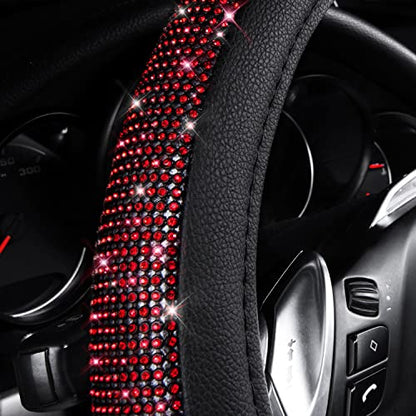 CAR PASS Red Diamond Black Leather Steering Wheel Cover, with Bling Crystal Rhinestones Universal Fit 14" 1/2-15" Crystal Glitter for Women Sparkle Girl Fit Suvs,Vans,Sedans,Cars,Trucks, Red Diamond - color: Red Diamond