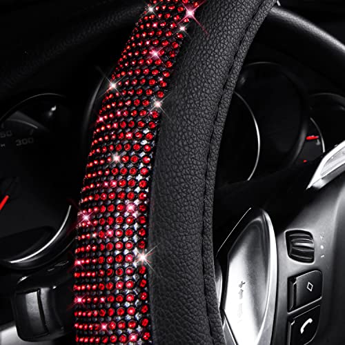 CAR PASS Red Diamond Black Leather Steering Wheel Cover, with Bling Crystal Rhinestones Universal Fit 14" 1/2-15" Crystal Glitter for Women Sparkle Girl Fit Suvs,Vans,Sedans,Cars,Trucks, Red Diamond - color: Red Diamond