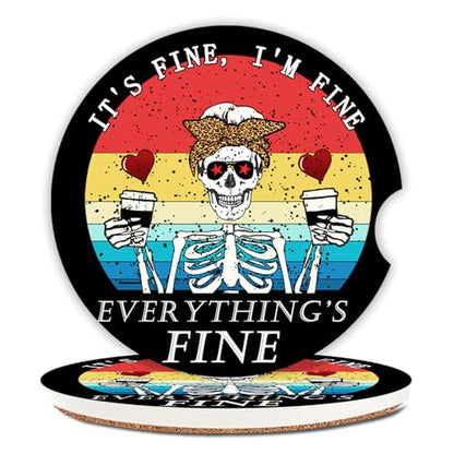 Funny Skull with Coffee Ceramic Cup Holders Car Coasters Set for Women/Men,2.56" 2 Pack for Absorbent Cup Car Holders, Coasters with A Finger Notch - color: Funny Skull With Coffee