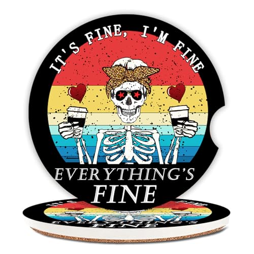 Funny Skull with Coffee Ceramic Cup Holders Car Coasters Set for Women/Men,2.56" 2 Pack for Absorbent Cup Car Holders, Coasters with A Finger Notch - color: Funny Skull With Coffee