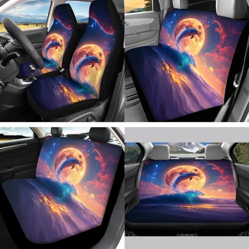 Dolphin Moon Printed 15 Pcs Car Seat Cover Full Set, Stretchy Car Accessories Set Front Rear Seat Covers with Steering Wheel Cover Car Headrest Cover Seat Belt Covers Car Coaster - color: Purple and Orange-Dolphin Moon