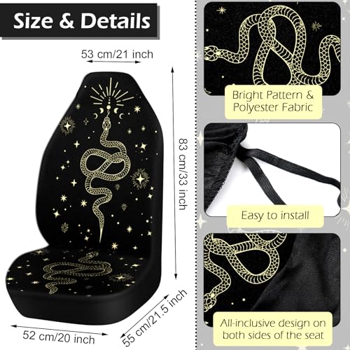 15 Pcs Boho Celestial Snake Seat Covers Full Set Thick Car Front and Back Steering Wheel Cover Seatbelt Strap Armrest Pads Cup Mat Wrist Strap Key Chains for Auto Truck - style: Snake