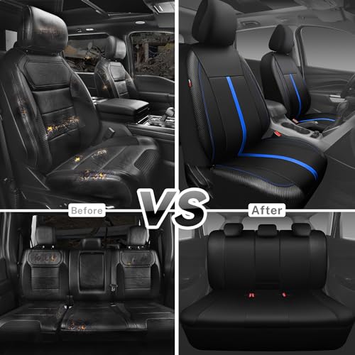 Leather Car Seat Covers Black Blue, Sporty Carbon Fiber Leather Full Set Waterproof Auto Seat Covers, Airbag Compatible, Universal Fit for SUV,Sedans,Vans,Pickup, Full Set, Black Blue