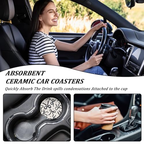 2Pcs Car Coasters for Cup Holders, Black Bow Absorbent Ceramic Car Cup Coaster Universal Anti Slip Cork Base Cup Coasters with Finger Notch Car Interior Accessories for Women