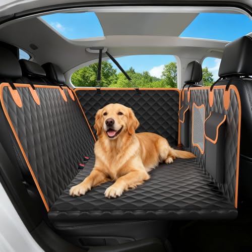 Dog Seat Cover for Back Seat Hard Bottom,Holds 500 lbs,Waterproof Dog Car Seat Cover for Back Seat Extender,Scratch-Proof Pet Hammock for Car,SUV,Truck - with Mesh Window & Storage,Black - color: Black Orange