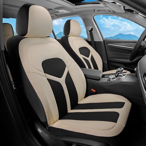 Car Seat Covers Front Seat, Universal Seat Cover 2 Seats, Automotive Seat Covers with Mesh Leather, Waterproof Car Seat Protector, Breathable Car Seat Cushion for Most Car SUV Truck Beige - color: Beige, size: Frontpair