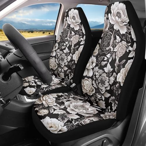 Black White Flower Universal Front Seat Covers, Pack of Two Easy to Install Fit for Trucks Vans SUV Sedans Automotive Comfortable - color: Black White Flower