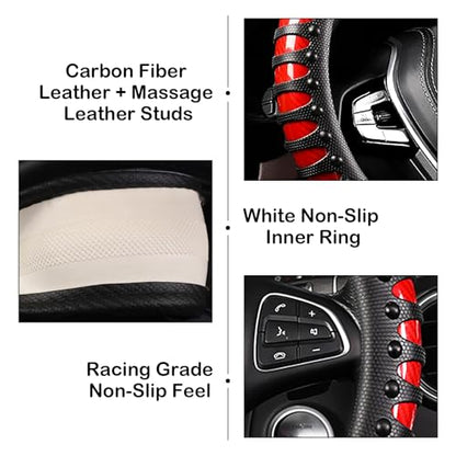 3D Massage Red Carbon Fiber Leather Steering Wheel Cover, 14.5-15 Inch Non-Slip Breathable Microfiber Car Steering Wheel Protector - color: 3D Massage - Sports Red