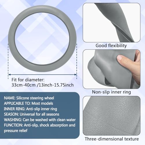 Car Steering Wheel Cover, 13 to 14.17 inches Non-Slip Silicone Steering Wheel Protector, Car Accessories Thin Soft Leather Texture Steering Wheel Protective Cover for Most Cars (Gray) - color: Gray