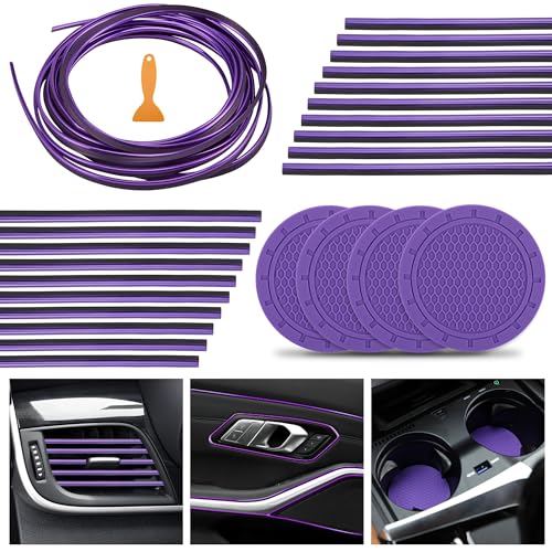 TOMALL Car Interior Moulding Trims 25 Pack 32 Feet/10M 20pcs Vent Trim Strips 4 Car Cup Coasters DIY Decorative Filler Insert Strip with Scraper (Red)