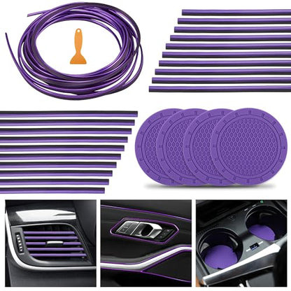 TOMALL Car Interior Moulding Trims 25 Pack 32 Feet/10M 20pcs Vent Trim Strips 4 Car Cup Coasters DIY Decorative Filler Insert Strip with Scraper (Red)