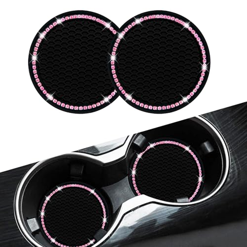 Car Coasters, Senose Bling Car Accessories for Women, Universal 2.75" Anti-Slip Silicone Cup Holder Coasters for Car, Cute Automotive Cup Holders Diamond Vehicle Interior Decor (Black Pink, 2 Pack)