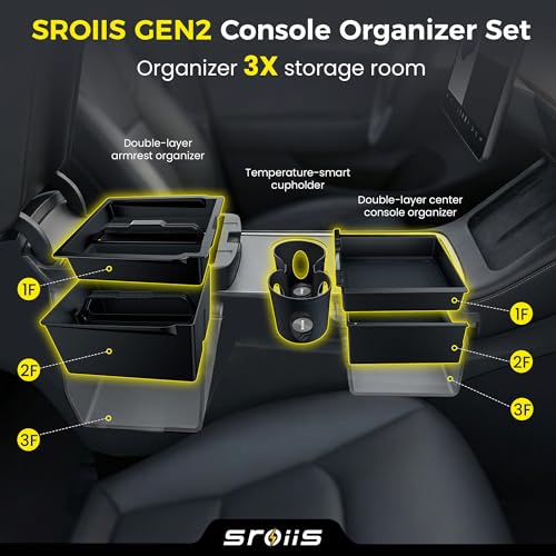 Sroiis® Gen 2 Double-Layer Center Console Organizer Set for Tesla Model Y Juniper Accessories (2025 2026) True 2-Tier Storage System [ Upper Tray + Hidden Lower Compartment ] - 3PCS Jet Black