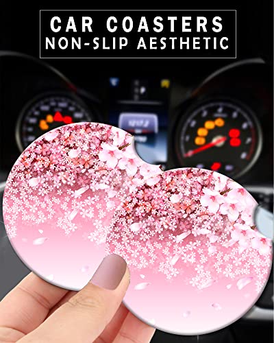 CLEVI 2 Pack Universal Ceramic Car Cherry Blossom Background,Pink Design Ceramic Stone with A Finger Notch for Easy Removal of Car Cup Holder Coaster - color: Cherry Blossom