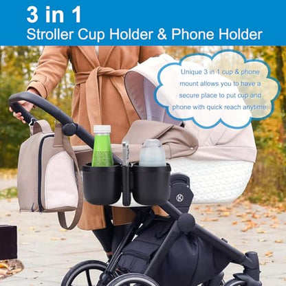 Accmor Stroller Cup Holder with Phone Holder, Bike Cup Holder, Universal Cup Holder for Uppababy Nuna Doona Strollers, 2-in-1 Cup Holder for Walker, Wheelchair, Scooter - color: Double Holder-Other Shape