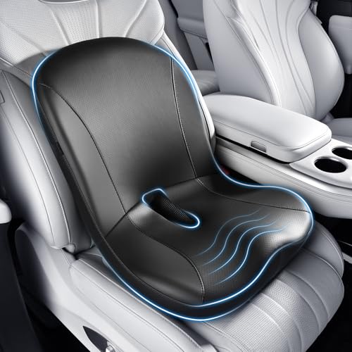 Coverado Car Seat Cushion and Lumbar Support Pillow One Piece, Napa Leather Memory Foam Ergonomic Back Support Driving Seat Cushion for Back Pain, Non-Slip Washable Cushion for Car, Driver, Office - color: Black, size: Seat Cushion