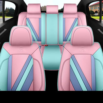 Red Rain Pink and Blue Leather Seat Cover Universal Car Seat Cover Full Set Auto Seat Cushion Cover (JJ-Pink+Blue) - color: JJ-Pink+Blue