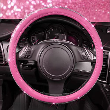 CAR PASS Diamond Pink Leather Steering Wheel Cover, with Bling Crystal Rhinestones Universal Fit 14" 1/2-15" Crystal Glitter for Women Sparkle Girl Fit Suvs,Vans,Sedans,Cars,Trucks, Pink Diamond - color: Pink Leather Diamond