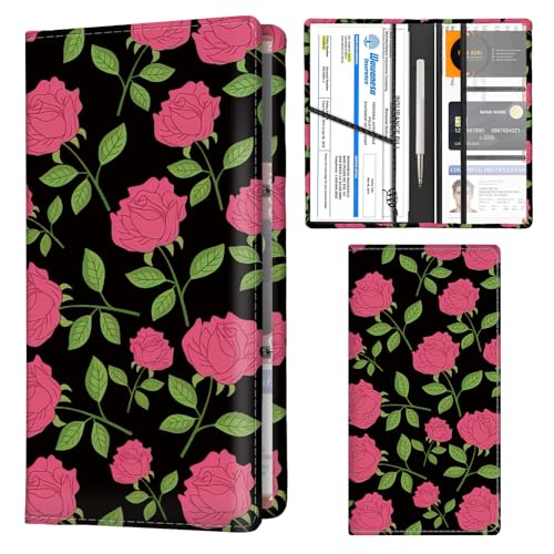 Car Registration and Insurance Holder with Magnetic Shut, Cute Vehicle Glove Box Car Organizer, Premium Interior Car Accessories for Women Men Black Red Cute Roses - color: Black Red Cute Roses