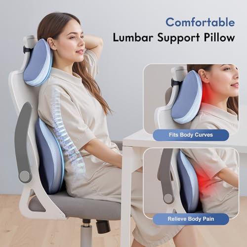 Lumbar Support Pillow and Neck Pillow for Office Chair Car, Ergonomic Memory Foam Back Support for Office Gaming Chair Driving Seat Wheelchair, Relieves Neck, Back & Sciatica Pain – Blue - color: Blue, size: Lumbar&Headrest Pillow