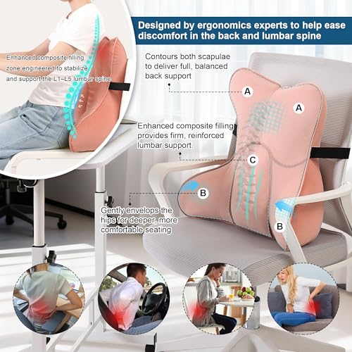 Lumbar Support Pillow (Pat. Pend) for Office Chair, Couch, Recliner & Car Seat, Ergonomic Back Support Cushion for Lower Back Pain Relief, Washable Lumbar Pillow, Blush Pink - color: Blush Pink