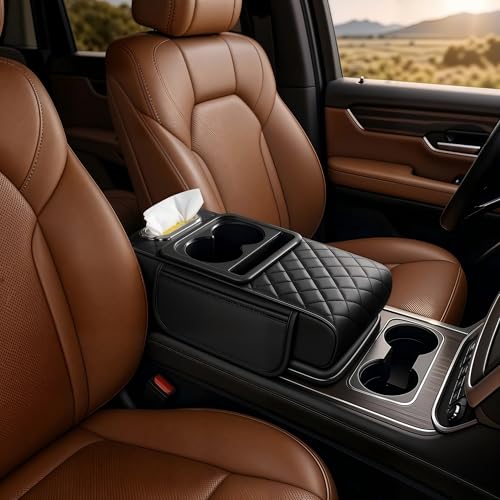 5-in-1 Universal Car Center Console Cover with Cup Holder, Upgrade Armrest Cushion for Car with Side Storage, PVC Leather Armrest Cover Pad with Phone Slot & Tissue Holder, Black - color: Black