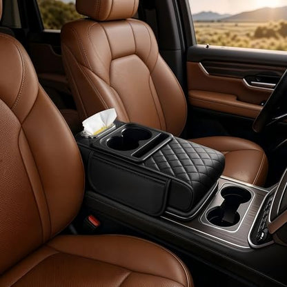 5-in-1 Universal Car Center Console Cover with Cup Holder, Upgrade Armrest Cushion for Car with Side Storage, PVC Leather Armrest Cover Pad with Phone Slot & Tissue Holder, Black - color: Black
