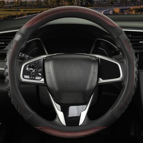 3D Steering Wheel Cover Great Grip with 3D Honeycomb Hole, Anti-Slip Sporty Design, Universal 15 inch(Black with Burgundy) - color: Black with Burgundy, size: Round-Middle[14.5''-15'']