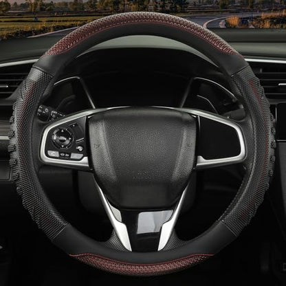 3D Steering Wheel Cover Great Grip with 3D Honeycomb Hole, Anti-Slip Sporty Design, Universal 15 inch(Black with Burgundy) - color: Black with Burgundy, size: Round-Middle[14.5''-15'']