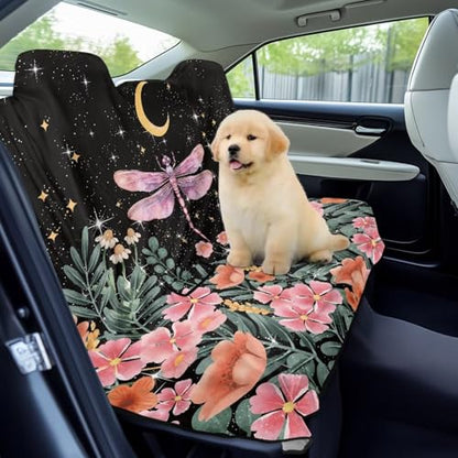 Dragonfly Moon Flower Print Waterproof Rear Split Bench Seat Covers for Rear Seat Cover Only, Sports Car Seat Covers, Spill Resistant Back Seat Cover for Gym Running Swimming - color: Dragonfly Moon Flower