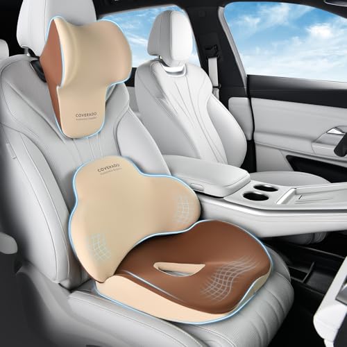 Coverado Car Seat Cushion and Lumbar Support with Headrest Pillow Memory Foam Ergonomic Back Support Driving Seat Cushion Neck Head Pillow, Back Pain Relief, Cushion for Car Driver Office - color: Beige, size: 3 Pieces