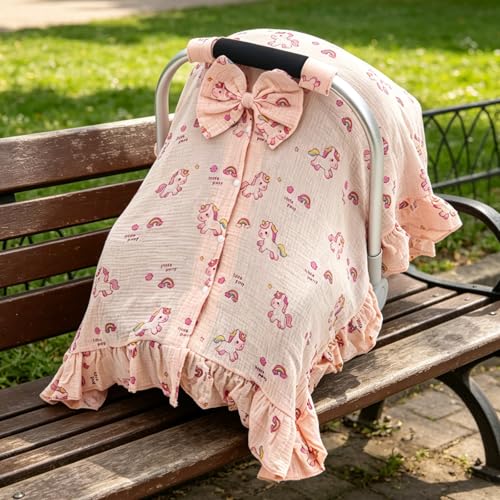 Muslin Car Seat Cover Baby, Infant Car Seat Cover with Cute Bow & Ruffle Hem Design, Multi-Use Baby Carrier Cover for Privacy Nursing, Breathable Carseat Canopy Stroller Sun Protector for Summer - color: Unicorn
