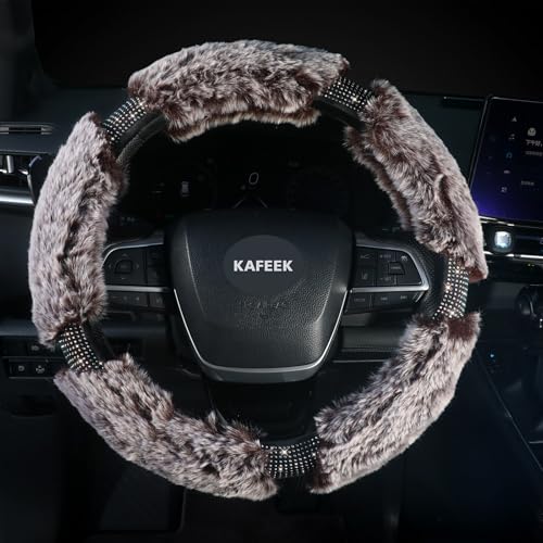 Winter Fluffy Steering Wheel Cover 15 inch, Soft Plush Steering Wheel Protector with Bling Rhinestones, Comforting and Luxurious, Brown - color: brown