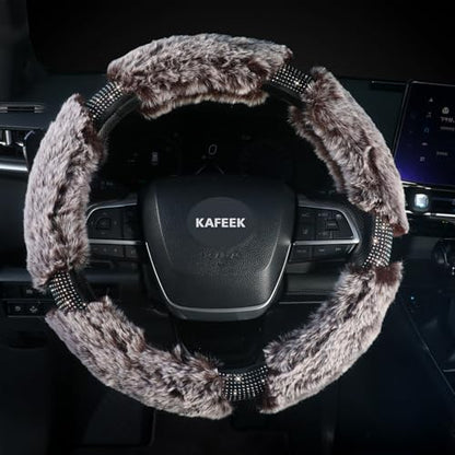 Winter Fluffy Steering Wheel Cover 15 inch, Soft Plush Steering Wheel Protector with Bling Rhinestones, Comforting and Luxurious, Brown - color: brown