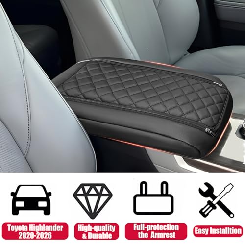 Center Console Cover for Toyota Highlander 2020 2021 2022 2023 2024 2025 2026 - Premium Leather Armrest Cover with Extra Padding for Highlander Hybrid Interior Accessories( Not for Grand Highlander) - size: 6) 20-26 |Highlander| Black, +Thick Size