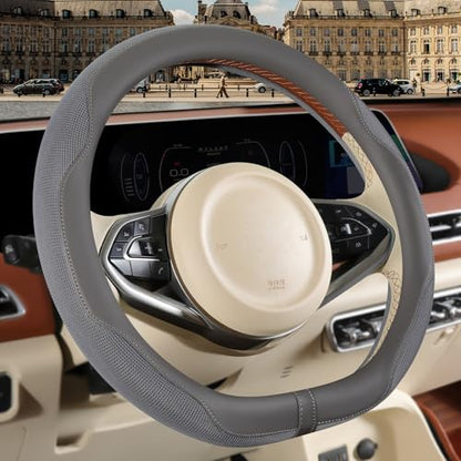 Nappa Leather Gray D Shape Steering Wheel Cover, Advanced Microfiber Leather Non-Slip Breathable Fabric, Warm in Winter and Cool in Summer, Universal 15 inch - color: Gray, size: D Shape-M[14.5''-15'']